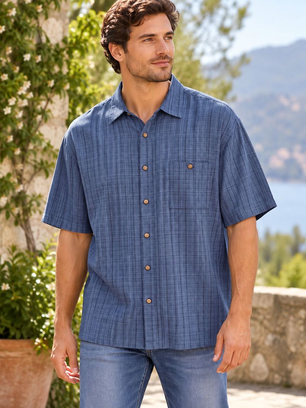 Moda Campia Men’s XL Blue Plaid Short Sleeve Button Up Shirt Rayon Blend